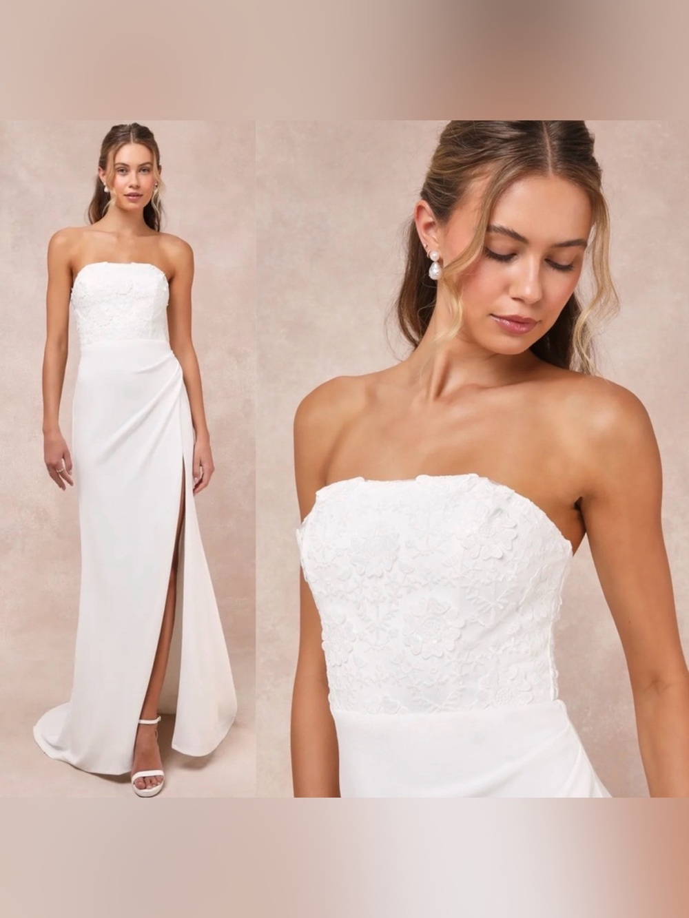 Lulus Refined Glow White 3D Embroidered Sequin Strapless Maxi Wedding Dress M